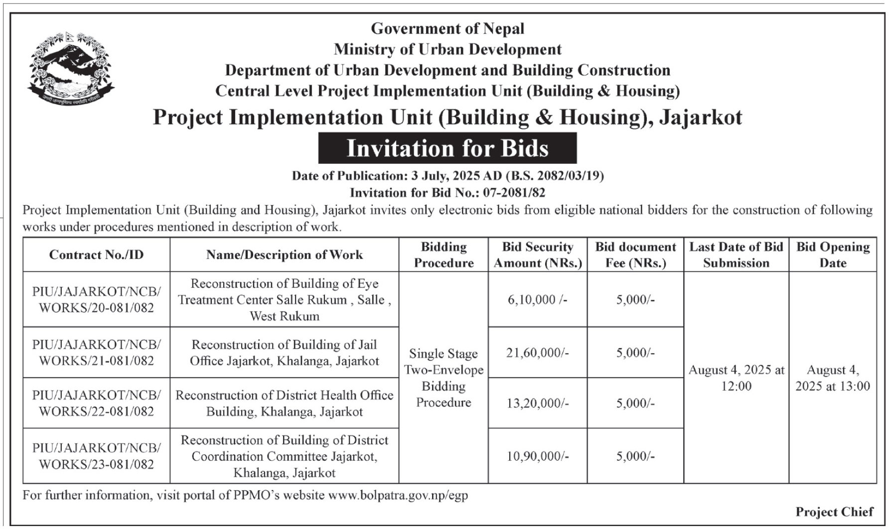 Invitation For Bids For Reconstruction Of Public Buildings In Jajarkot District