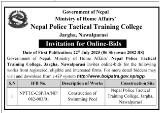 Invitation For Online Bids For Construction Of Swimming Pool At Nepal Police Tactical Training College, Nawalparasi