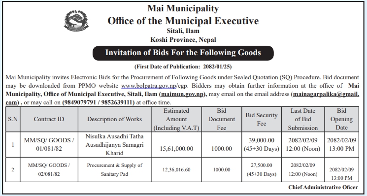 Invitation of Bids For Procurement of Goods ( Ausadhijanya Samagri and Sanitary Pad )