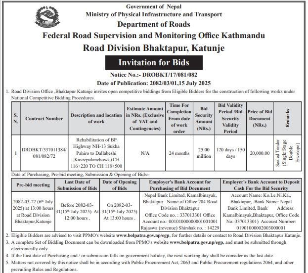 Invitation For Bids For Rehabilitation Of Bp Highway NH-13 Sukha Pahiro To Dallabeshi , Kavrepalanchok