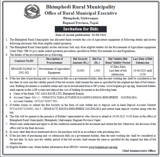 Invitation for Bids For The Procurement of Agriculture Equipment