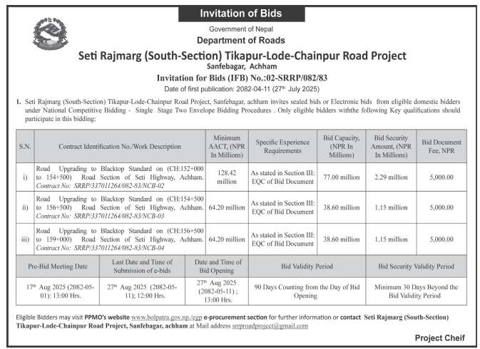 Invitation For Bids For Road Upgrading Works On Seti Highway, Achham