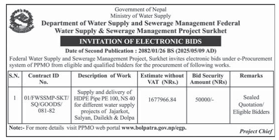 Invitation for Electronic Bids for Supply and Delivery of HDPE Pipe PE 100, NS 40 for Different Water Supply Projects