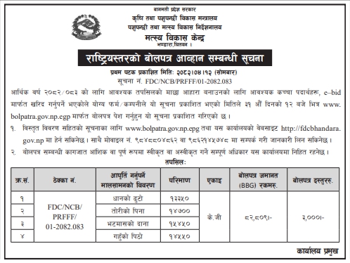बोलपत्र आव्हान - माछा आहारा उत्पादनका लागि कच्चा पदार्थ आपूर्ति
