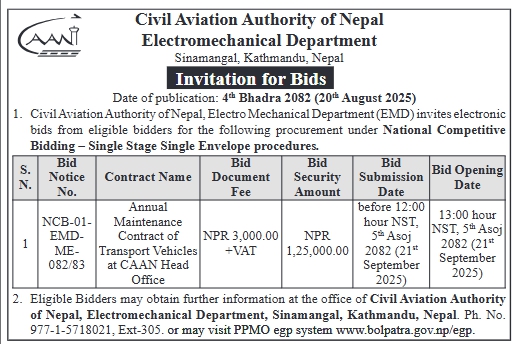 Invitation For Bids For Annual Maintenance Contract Of Transport Vehicles At Civil Aviation Authority Of Nepal