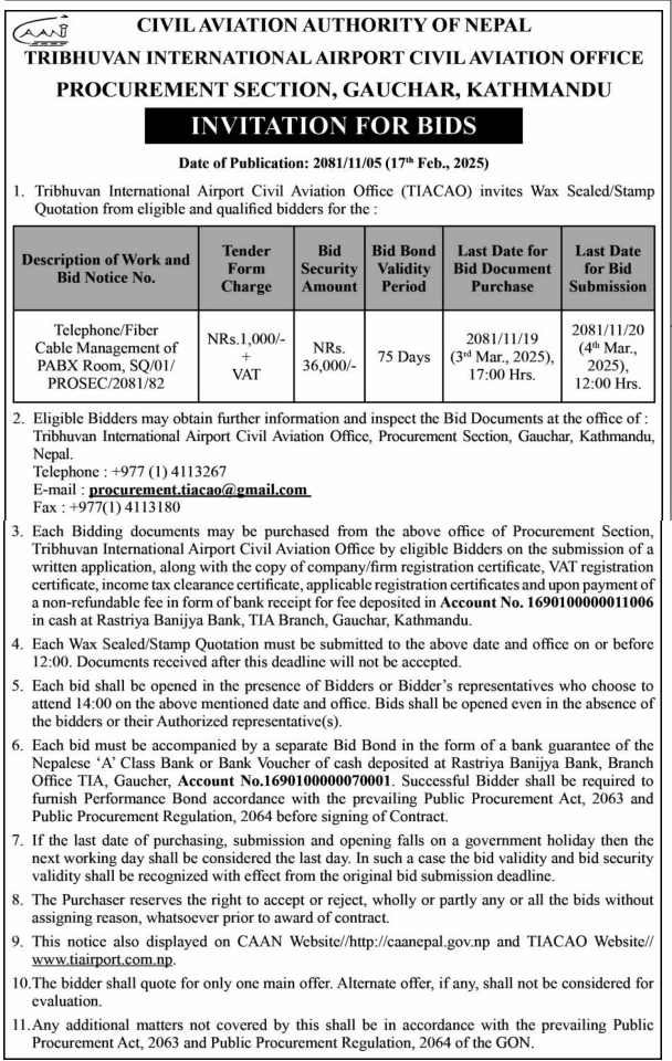 Invitation for Bids for Telephone/Fiber/Cable Management of PABX Room