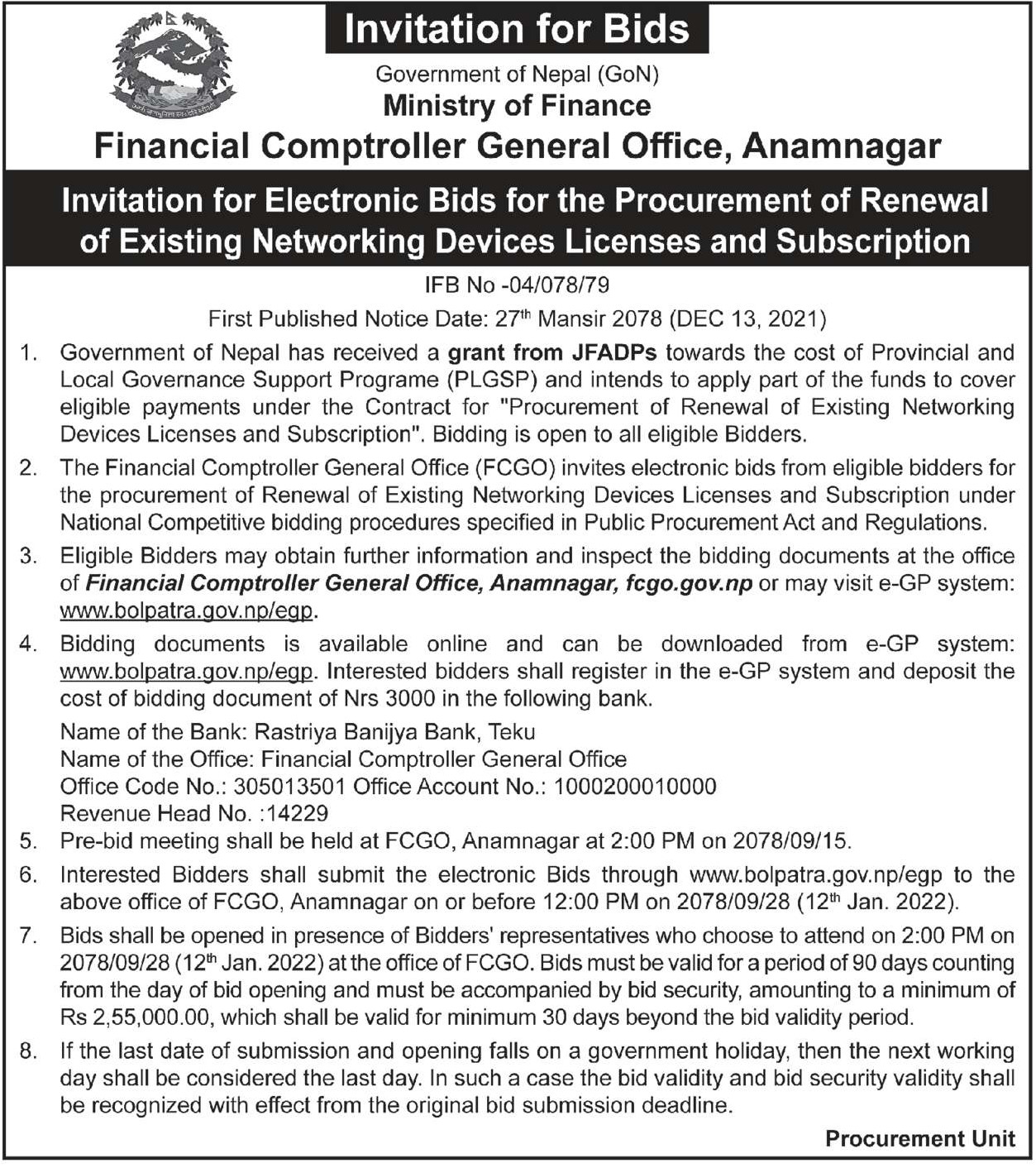 Procurement of Renewal of Existing Networking Devices Licenses and Subscription