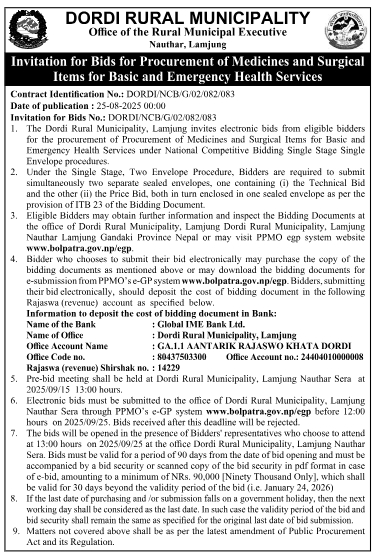 Invitation For Bids For Procurement Of Medicines And Surgical Items For Basic And Emergency Health Services