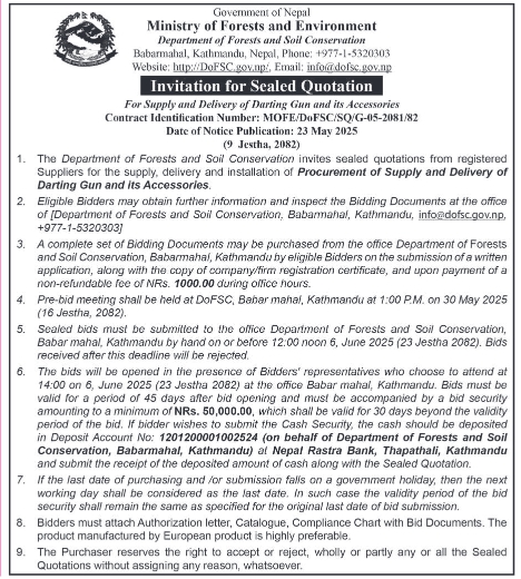 Invitation for Sealed Quotation For Supply and Delivery of Darting Gun and its Accessories