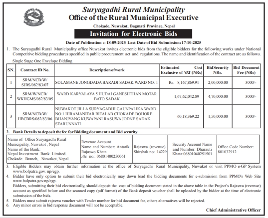 Invitation For Bid For Road Upgrading And Office Construction Works In Suryagadhi Rural Municipality, Nuwakot