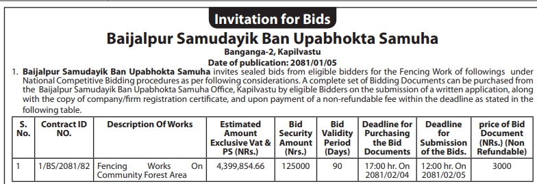 Invitation for Bids for Fencing Works on Community Forest Area