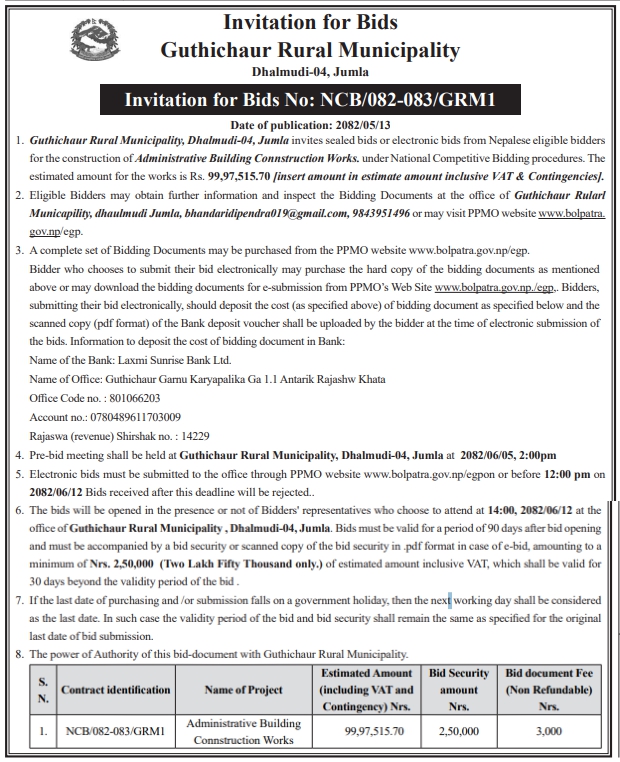 Invitation For Bids For Administrative Building Construction