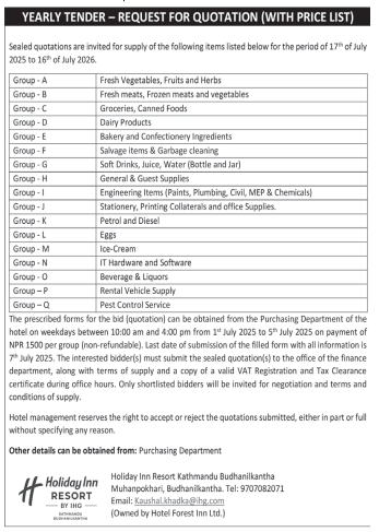 Invitation For Sealed Quotations For Annual Supply Contract 2025/26