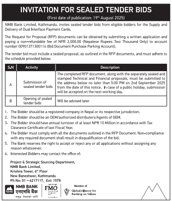 Invitation For Sealed Tender Bids For Supply And Delivery Of Dual Interface Payment Cards By Nmb Bank Limited