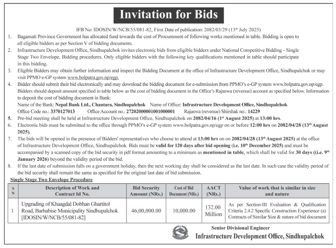Invitation For Bids For Upgrading Of Khaagdal Dobhan Ghartitol Road, Barhabise Municipality, Sindhupalchok
