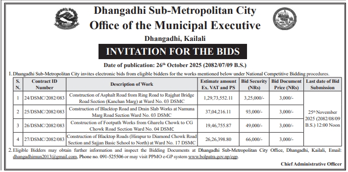 Invitation For Bids For Construction And Upgrading Of Various Road Works Within Dhangadhi Sub-metropolitan City, Kailali