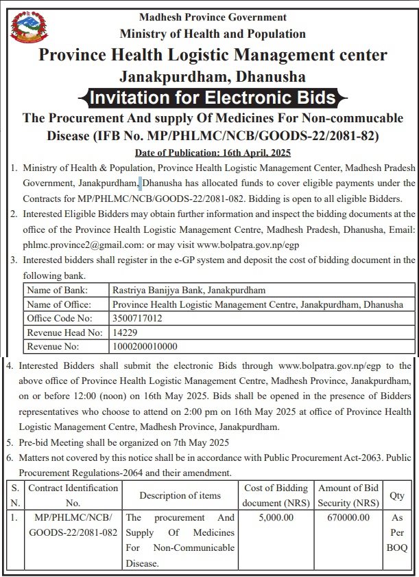 Invitation for Electronic Bids for The Procurement And Supply Of Medicines For Non-Commucable Disease