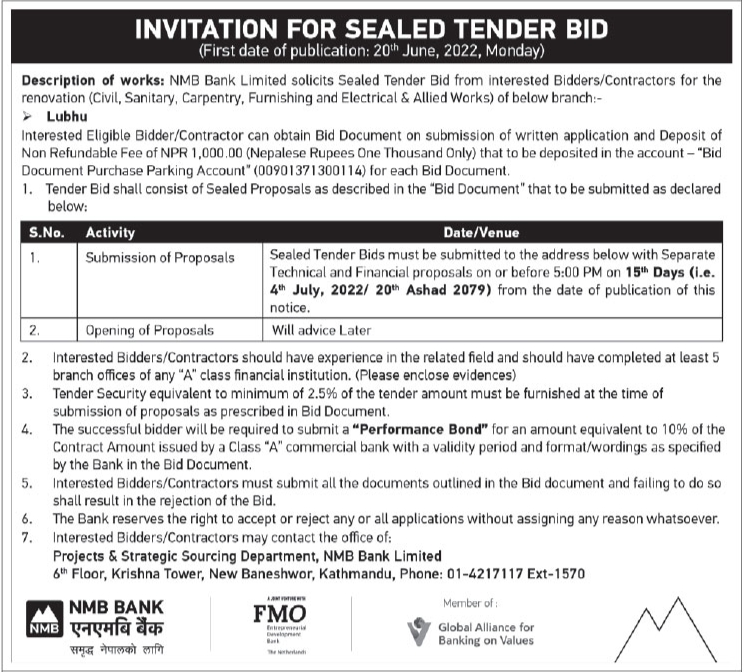 solicits Sealed Tender Bid from interested Bidders/Contractors for the renovation (Civil, Sanitary, Carpentry, Furnishing and Electrical & Allied Works)