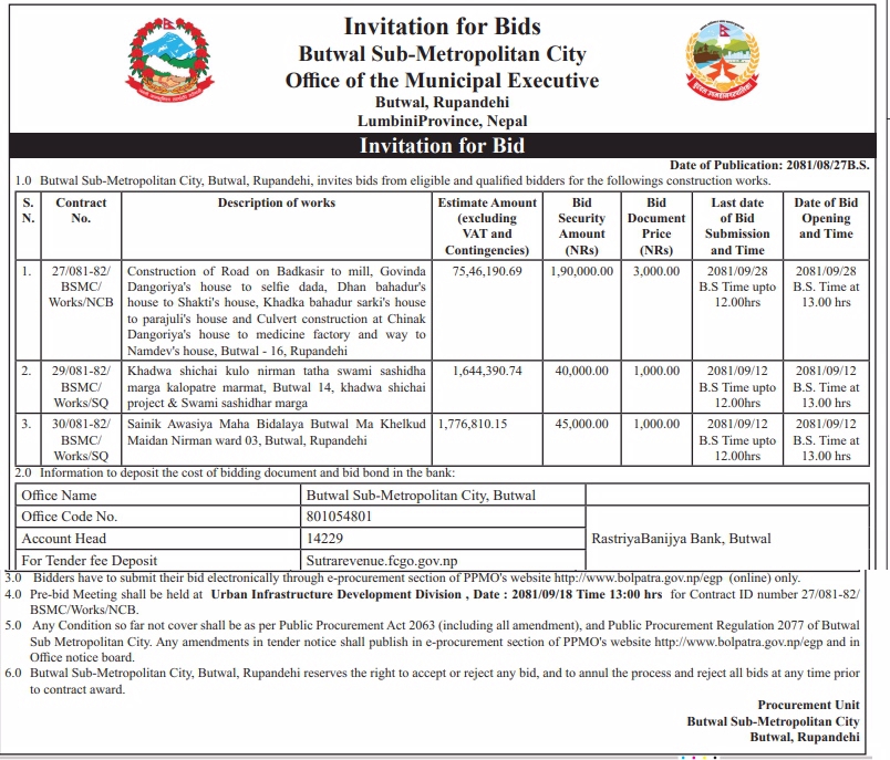 Invitation for Bids for Construction Works in Rupandehi