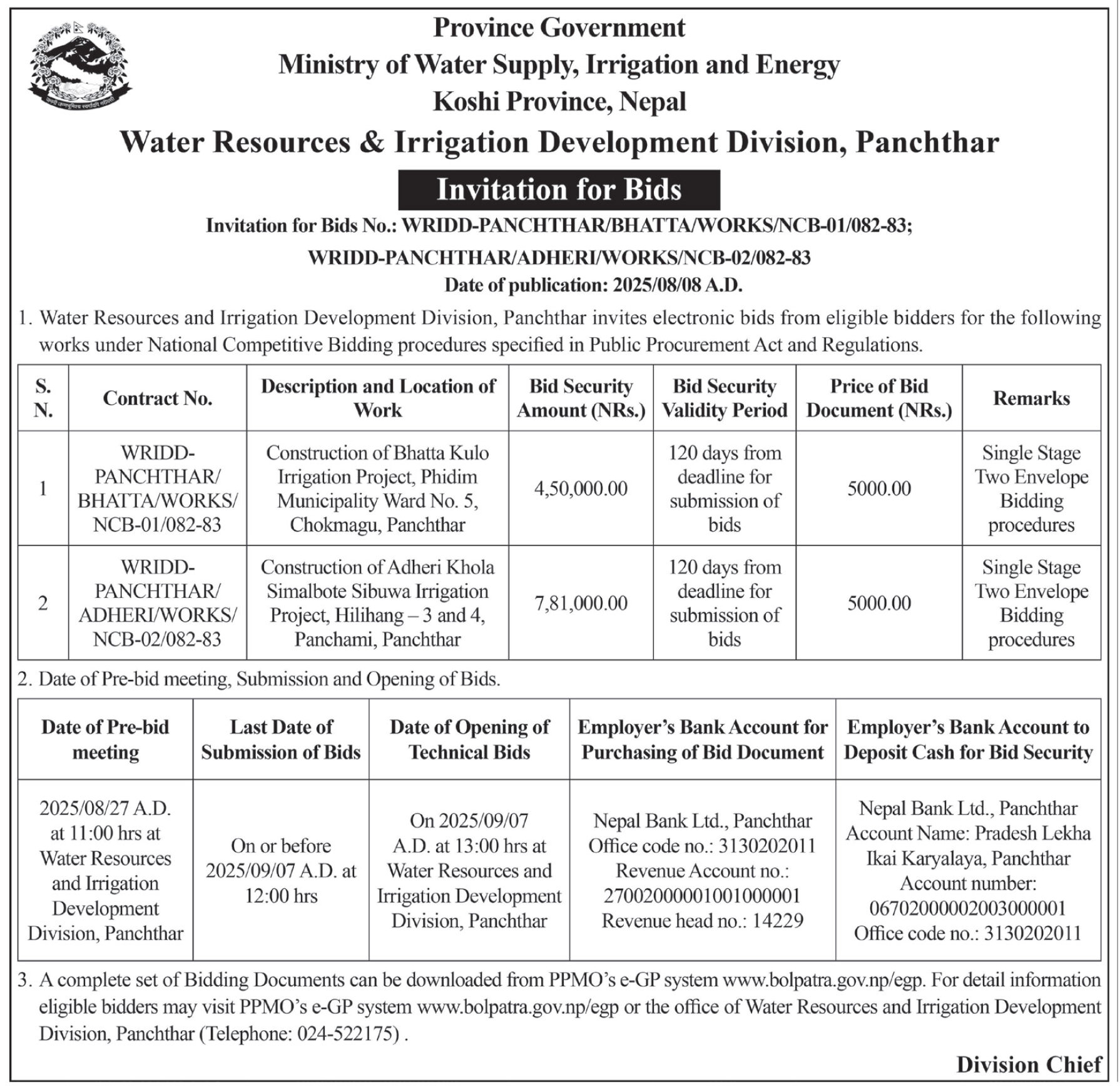 Invitation For Bids For Construction Of Irrigation Projects In Panchthar, Koshi Province