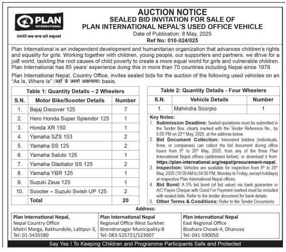 Sealed Bid Invitation For Sale Of Plan International Nepal's Used Office Vehicle