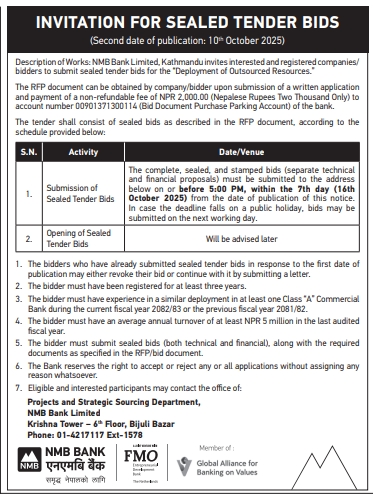 Invitation For Sealed Tender Bids For Deployment Of Outsourced Resources