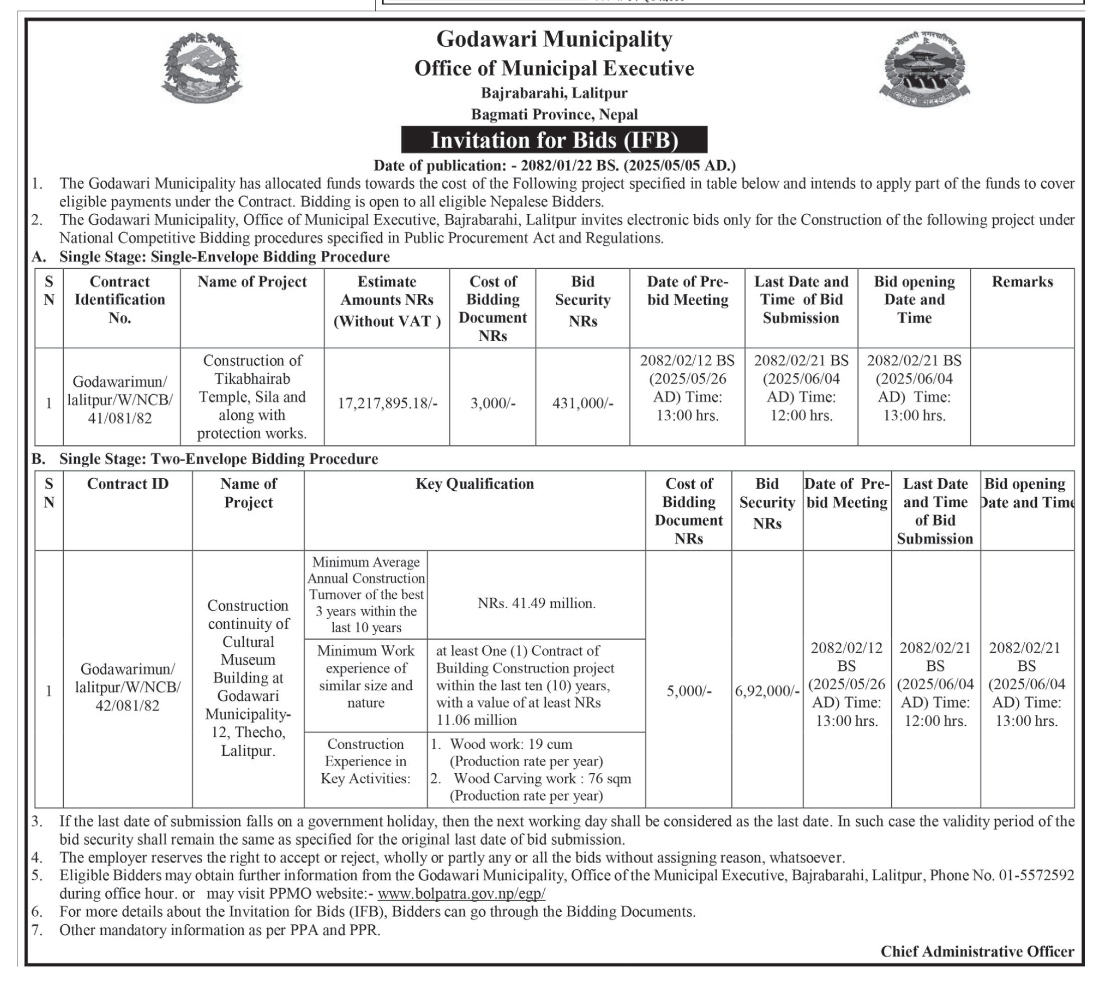 Invitation for Bids for Construction of Temple along With Protection Works