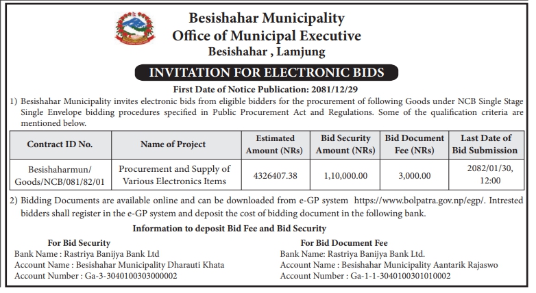 Invitation for Electronic Bids for Supply of Various Electronic Items