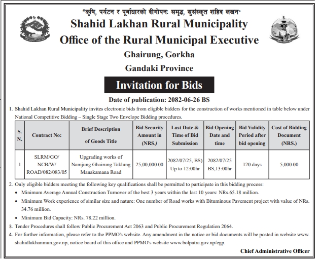 Invitation For Bids For Upgrading Works Of Namjung–ghairung–taklung–manakamana Road