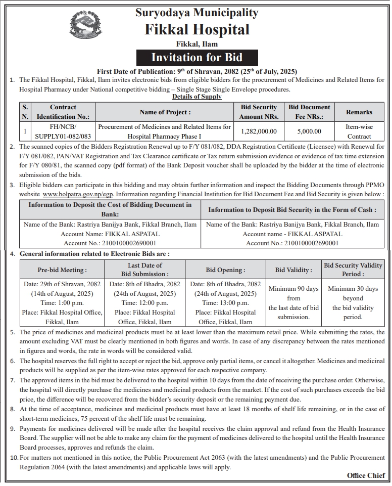 Invitation For Supply Bids For Medicines And Related Items