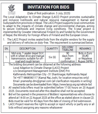 Invitation For Sealed Bids For Supply And Delivery Of 7-seater Diesel SUVs