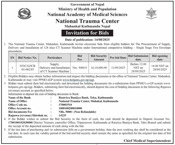 Invitation For Bids For Supply, Delivery, And Installation Of 128 Slice Ct Scanner Machine