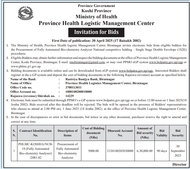 Invitation for Bids for the Procurement of Fully Automated Bio-chemistry Analyzer