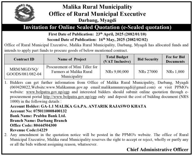 Invitation for Online Sealed Quotation for Procurement of Mini Tiller