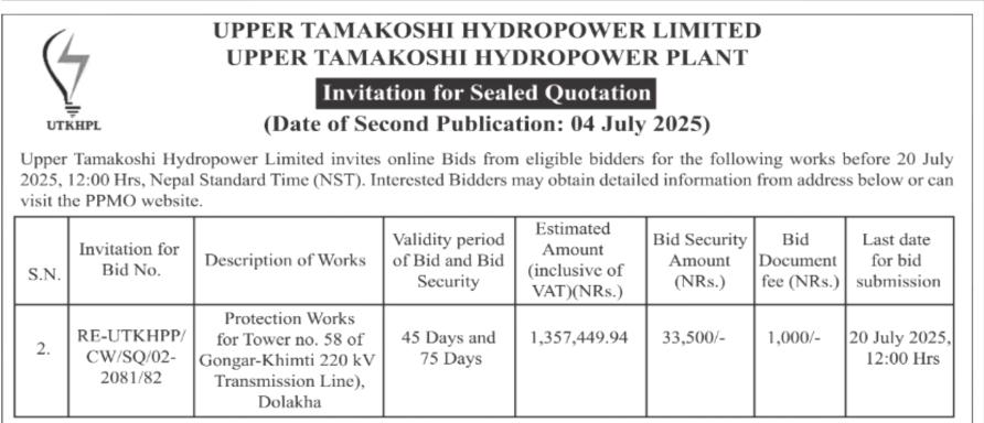 Invitation For Sealed Quotation For Protection Works For Tower No. 58 Of Gongar