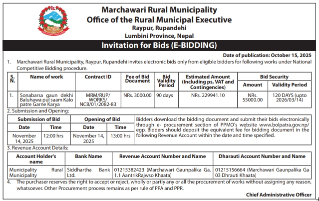 Invitation For Bid For Blacktopping Works From Sonabarsa Village To Baluhawa Bridge