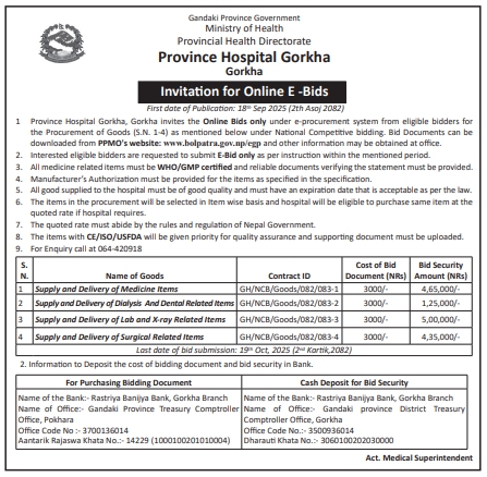 Invitation For Bid For Procurement Of Medicines, Lab, X-ray, Surgical, Dialysis And Dental Items For Province Hospital Gorkha