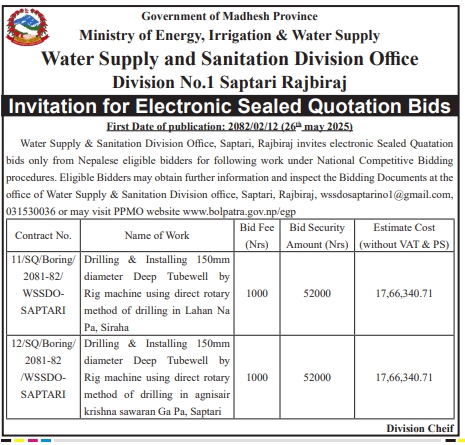 Invitation For Electronic Sealed Quotation Bids For Drilling And Installing Of Deep Tubewell