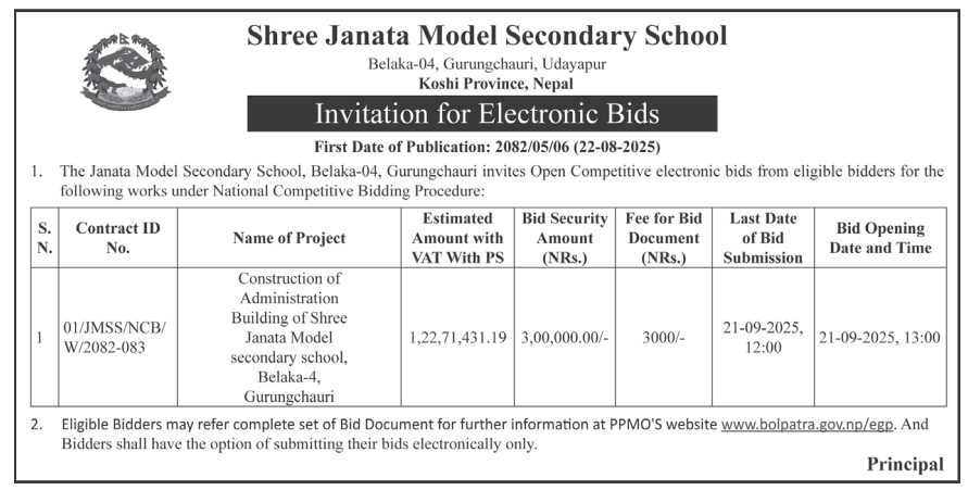 Invitation For Bids For Construction Of Administration Building Of Shree Janata Model Secondary School