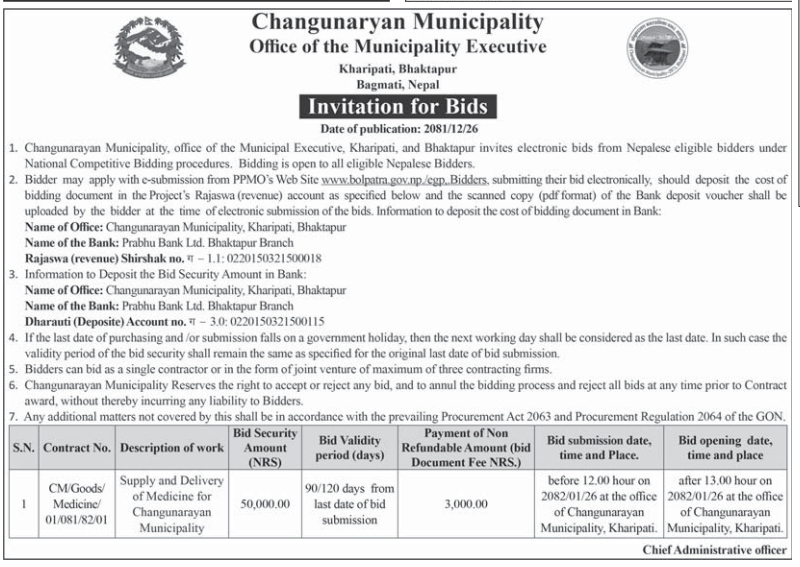 Invitation for Bids for Supply and Delivery of Medicine