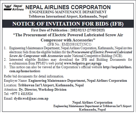 Notice Of Invitation For Bids For "The Procurement Of Electric Powered Lubricated Screw Air Compressor With Accessories