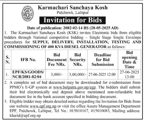 Invitation For Bids For Supply, Delivery, Installation, Testing And Commissioning Of 400 Kva Diesel Generator