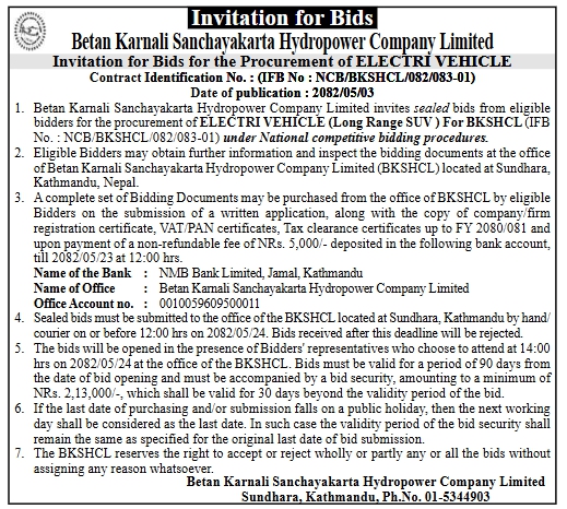Invitation For Bids For Procurement Of Electric Vehicle (Long Range Suv)