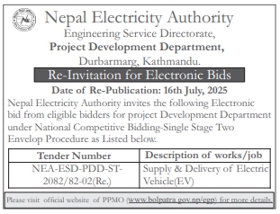 Re-invitation For Electronic Bids For The Supply And Delivery Of Electronic Vehicle (EV)
