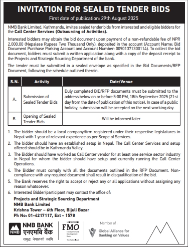Invitation For Sealed Tender Bids For Call Center Services (Outsourcing Of Activities)