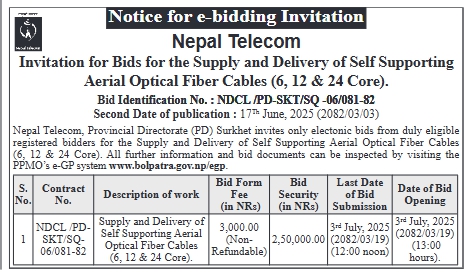 Notice For E-bidding Invitation For Supply And Delivery Of Self Supporting Aerial Optical Fiber Cables