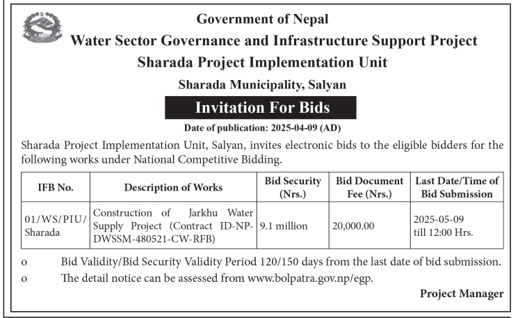 Invitation For Bids for Construction of Jarkhu Water Supply Project