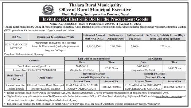 Invitation For Electronic Bids For Procurement Of Electronics Items For Educational Quality Improvement Program