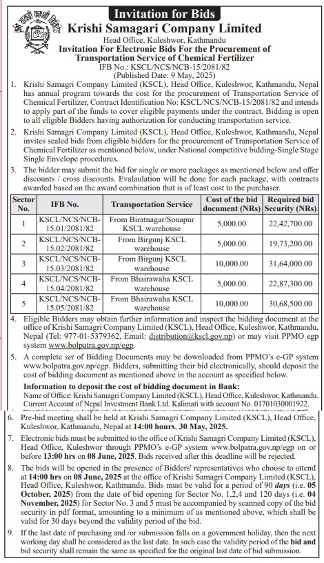 Invitation For Electronic Bids For the Procurement of Transportation Service of Chemical Fertilizer