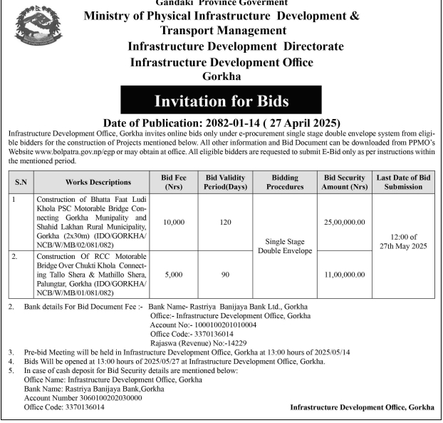 Invitation for Bids for Construction of Motorable Bridges